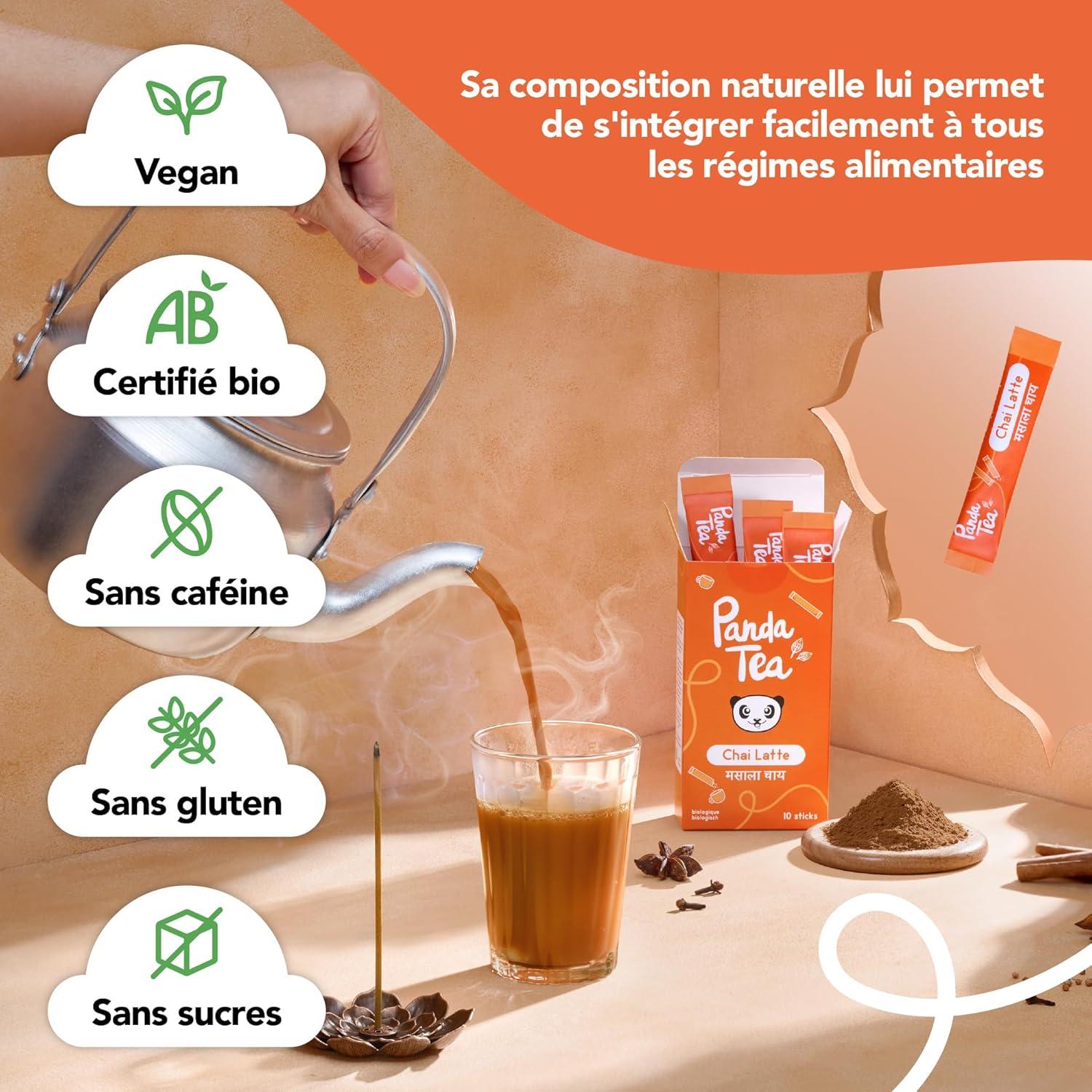 image:imagePanda tea Chai Latte Bio en Sticks Masala Chai en Poudre Sans Sucre 10 Sticks 15g Th Noir amp pices Clou de Girofle Cardamome Cannelle Gingembre bio Digestion amp Energie