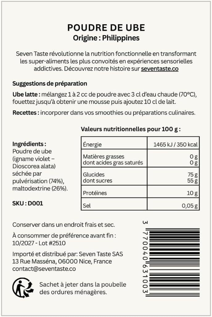 image:imagePoudre Ube Premium 100g Origine Philippines Riche en Antioxydants Idal Ube Latte Smoothies amp Ptisserie Sans Cafine Sans Gluten Vegan SEVEN TASTE Marque Franaise