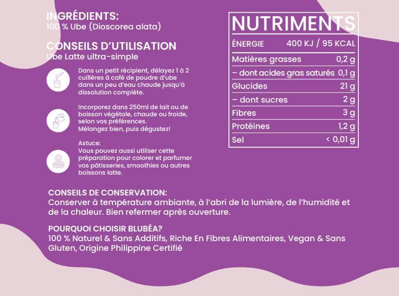 image:imagePoudre dUbe Premium Blubea Igname Violette Ube 100 Naturelle Riche en Antioxydants et Vitamines 100g ube latte Ptisseries Smoothie Sans Additifs sans sucre sans lactose vegan