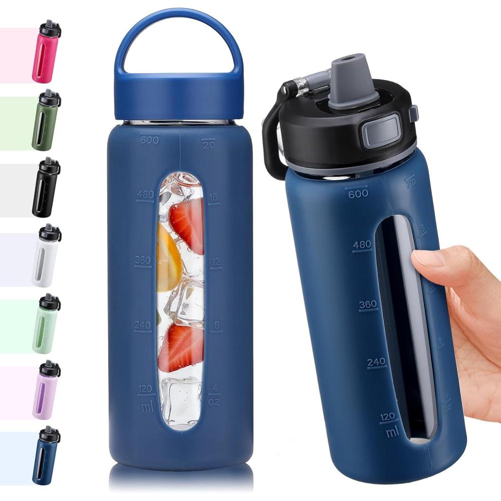 image:imageBLUEGO 600ml Bouteille deau verre avec 2 couverclesCouvercle verrouillage par simple pression et poigne Gourde rutilisable avec marquage du temps Pour voyages Maison Sport Sans BPA NoirBleu Fonc