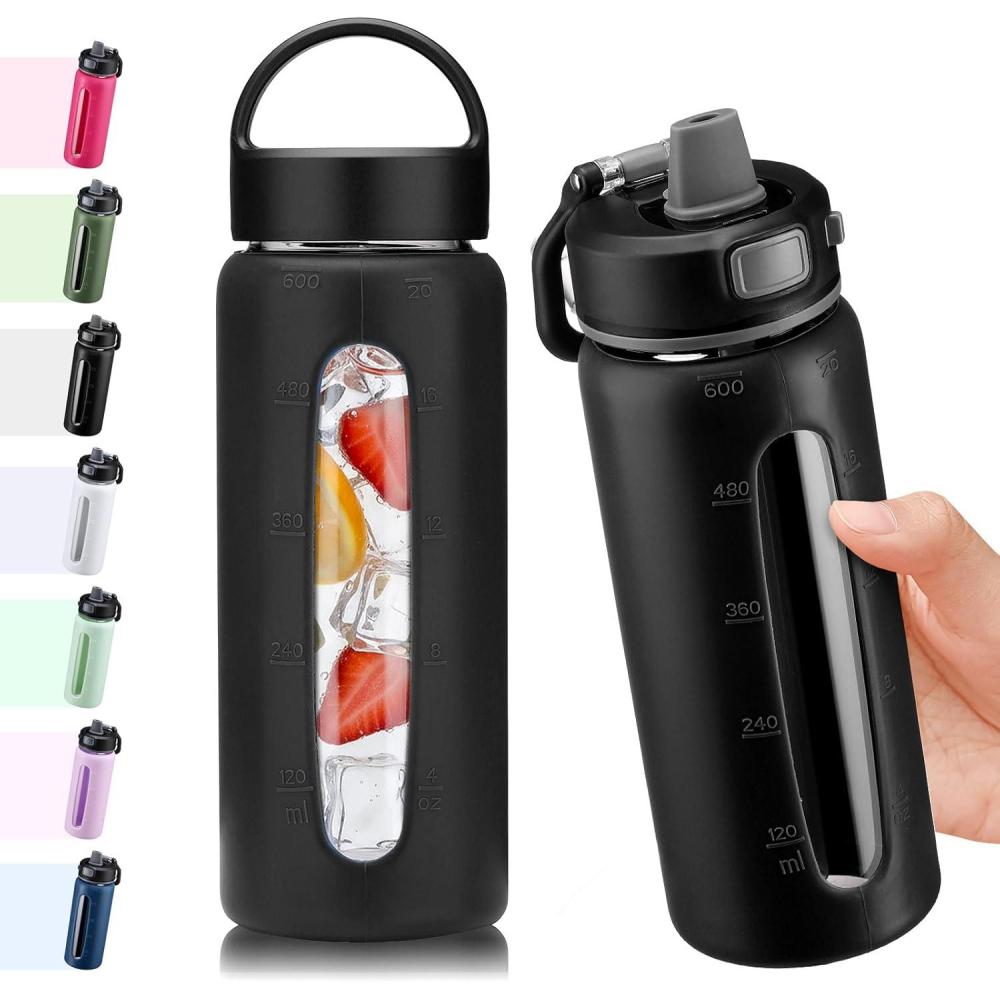 image:imageBLUEGO 600ml Bouteille deau verre avec 2 couverclesCouvercle verrouillage par simple pression et poigne Gourde rutilisable avec marquage du temps Pour voyages Maison Sport Sans BPA NoirNoir