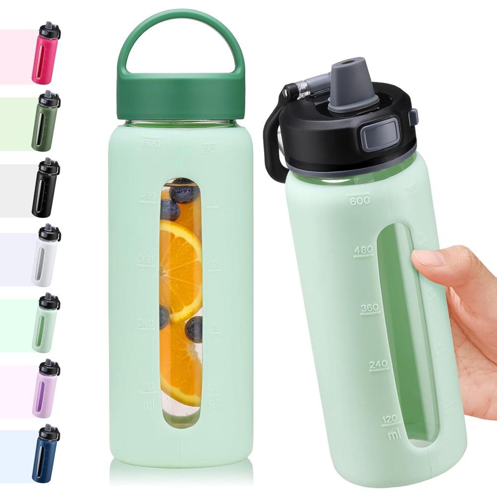 image:imageBLUEGO 600ml Bouteille deau verre avec 2 couverclesCouvercle verrouillage par simple pression et poigne Gourde rutilisable avec marquage du temps Pour voyages Maison Sport Sans BPA NoirBleu Clair