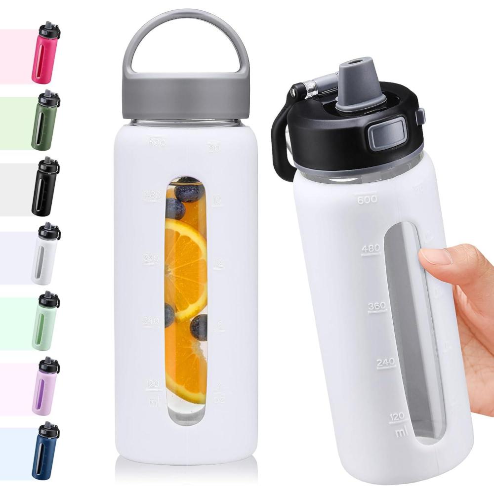 image:imageBLUEGO 600ml Bouteille deau verre avec 2 couverclesCouvercle verrouillage par simple pression et poigne Gourde rutilisable avec marquage du temps Pour voyages Maison Sport Sans BPA NoirBlanc