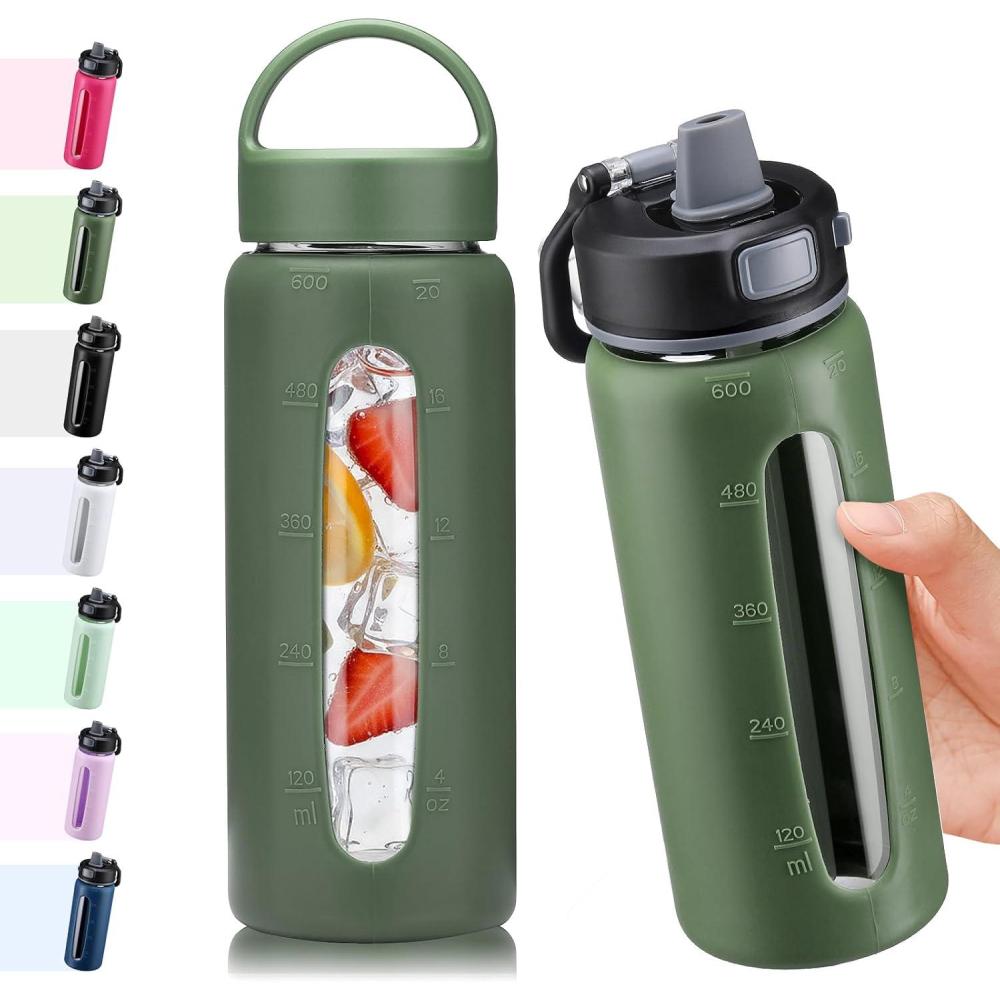 image:imageBLUEGO 600ml Bouteille deau verre avec 2 couverclesCouvercle verrouillage par simple pression et poigne Gourde rutilisable avec marquage du temps Pour voyages Maison Sport Sans BPA NoirOlive