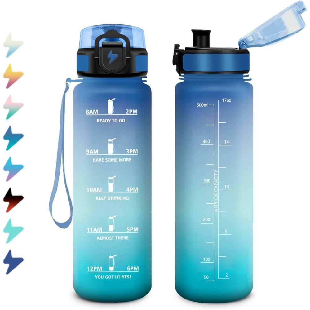 image:imageBouteille Sport 15L Bouteille deau Motivation avec Marqueur de Temps Gourde avec Filtre tanche Gourde Reutilisable pour Enfant Voyage Gym Court Course Pied Picnic Randonne Bureau17oz500ml Bleu Vert