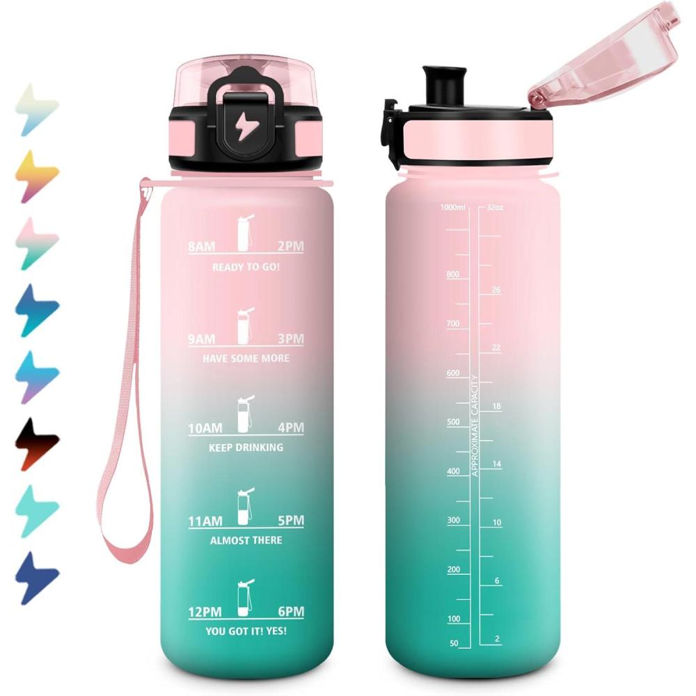image:imageBouteille Sport 15L Bouteille deau Motivation avec Marqueur de Temps Gourde avec Filtre tanche Gourde Reutilisable pour Enfant Voyage Gym Court Course Pied Picnic Randonne Bureau32oz1000ml Rose Cyan