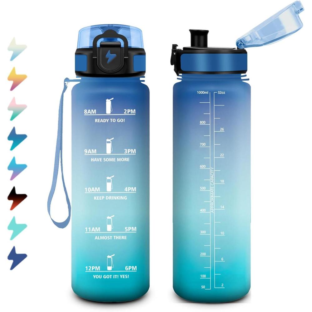 image:imageBouteille Sport 15L Bouteille deau Motivation avec Marqueur de Temps Gourde avec Filtre tanche Gourde Reutilisable pour Enfant Voyage Gym Court Course Pied Picnic Randonne Bureau32oz1000ml Bleu Vert