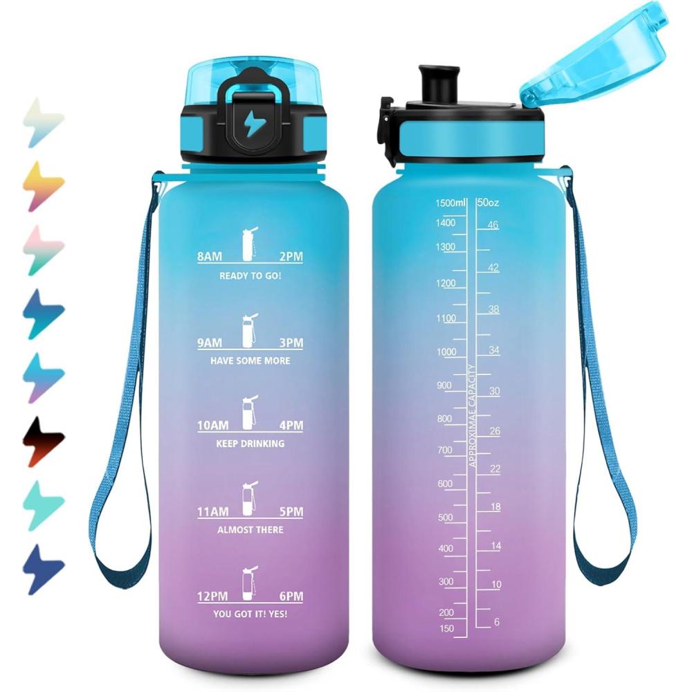 image:imageBouteille Sport 15L Bouteille deau Motivation avec Marqueur de Temps Gourde avec Filtre tanche Gourde Reutilisable pour Enfant Voyage Gym Court Course Pied Picnic Randonne Bureau50oz1500ml Bleu Lilas