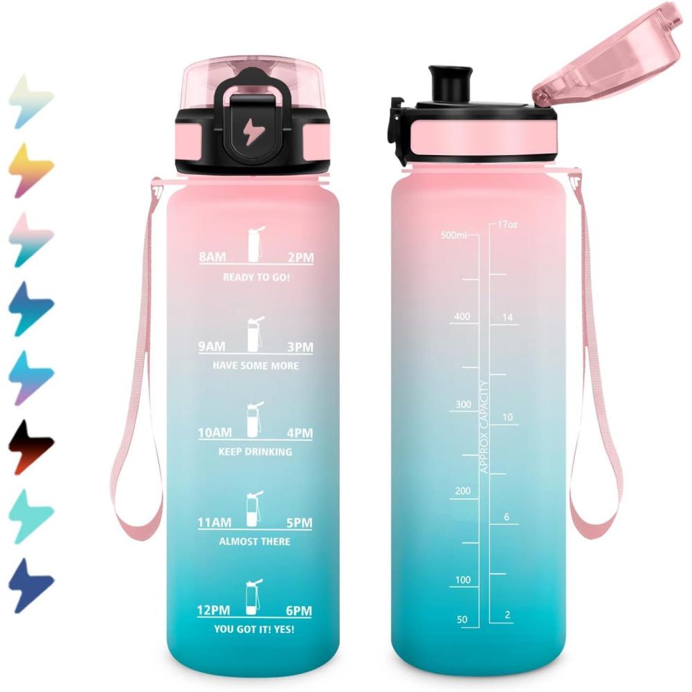image:imageBouteille Sport 15L Bouteille deau Motivation avec Marqueur de Temps Gourde avec Filtre tanche Gourde Reutilisable pour Enfant Voyage Gym Court Course Pied Picnic Randonne Bureau17oz500ml Rose Cyan
