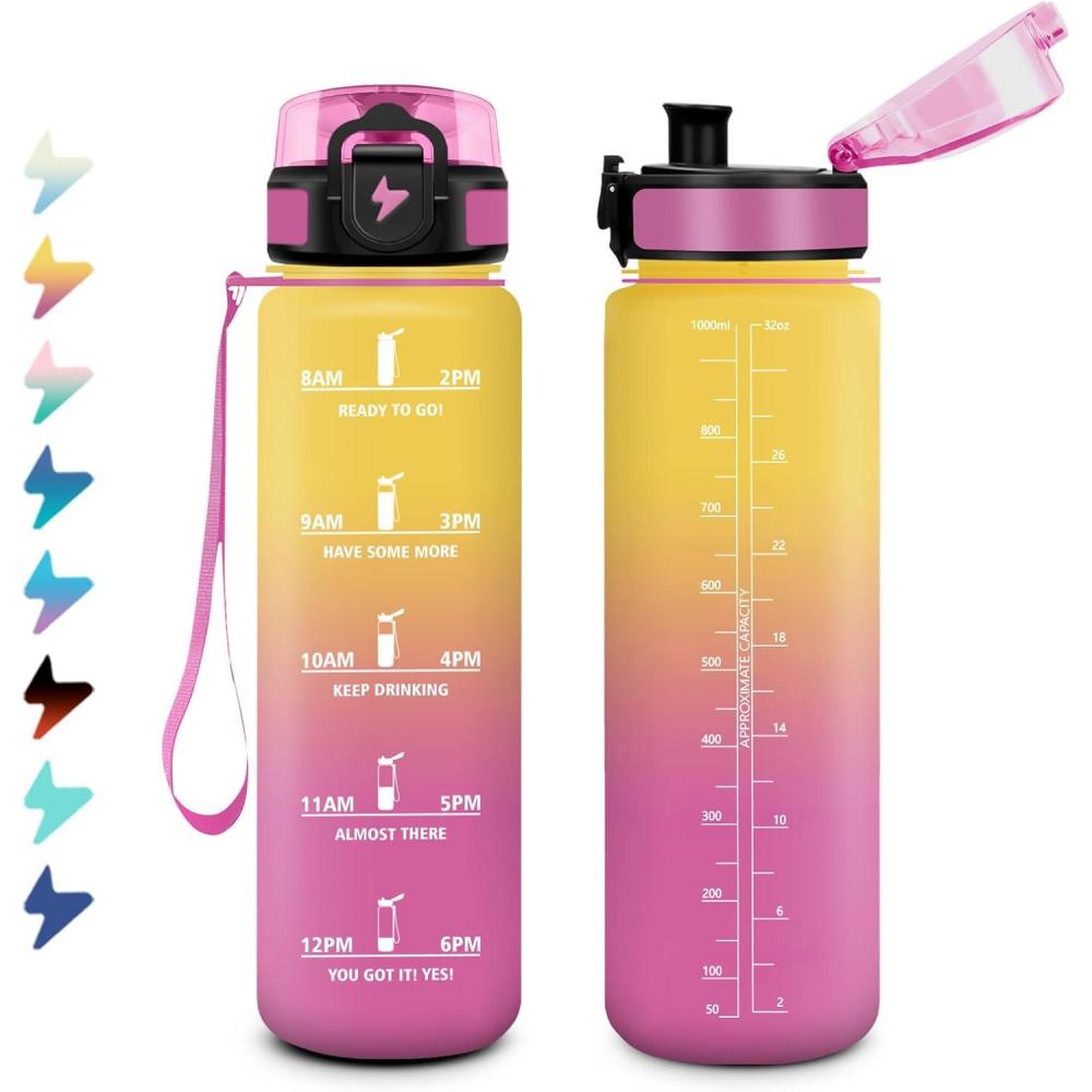 image:imageBouteille Sport 15L Bouteille deau Motivation avec Marqueur de Temps Gourde avec Filtre tanche Gourde Reutilisable pour Enfant Voyage Gym Court Course Pied Picnic Randonne Bureau32oz1000ml Jaune Rose
