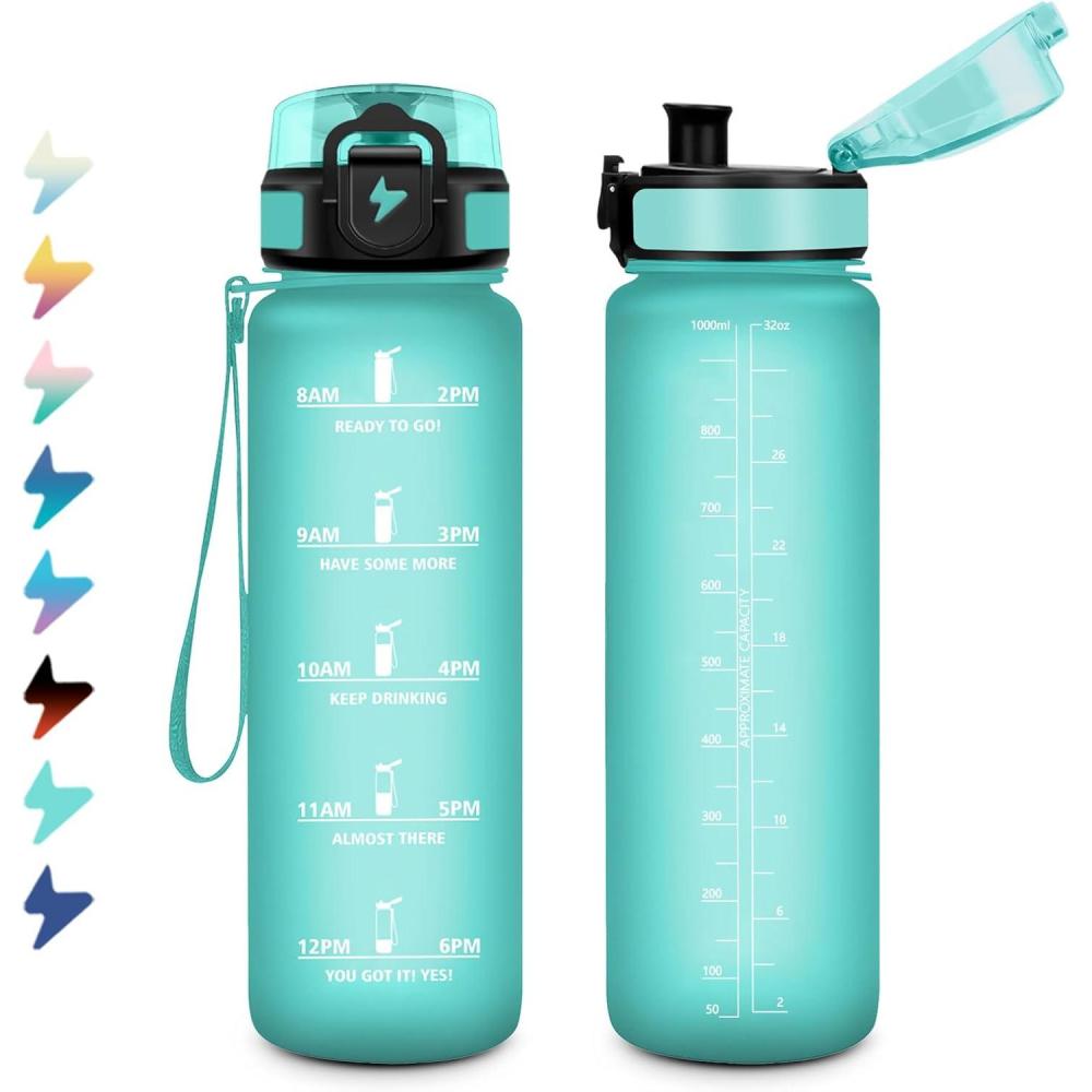 image:imageBouteille Sport 15L Bouteille deau Motivation avec Marqueur de Temps Gourde avec Filtre tanche Gourde Reutilisable pour Enfant Voyage Gym Court Course Pied Picnic Randonne Bureau32oz1000ml Mat Bleuvert