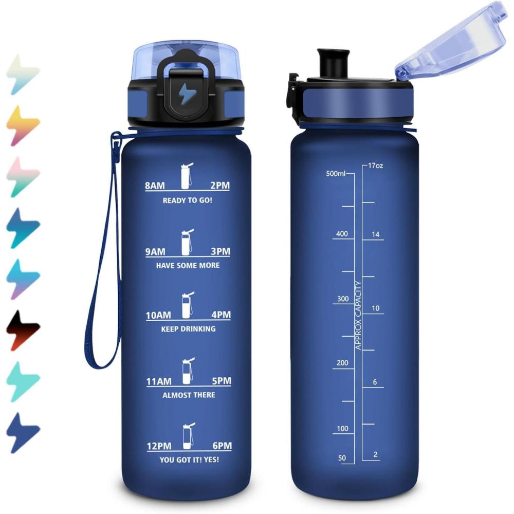 image:imageBouteille Sport 15L Bouteille deau Motivation avec Marqueur de Temps Gourde avec Filtre tanche Gourde Reutilisable pour Enfant Voyage Gym Court Course Pied Picnic Randonne Bureau17oz500ml Mat Marine Bleu