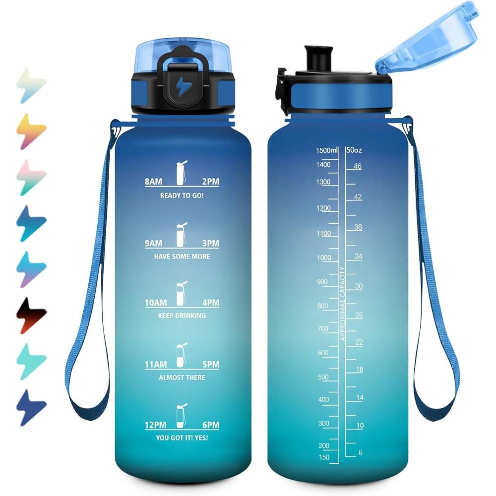 image:imageBouteille Sport 15L Bouteille deau Motivation avec Marqueur de Temps Gourde avec Filtre tanche Gourde Reutilisable pour Enfant Voyage Gym Court Course Pied Picnic Randonne Bureau50oz1500ml Bleu Vert