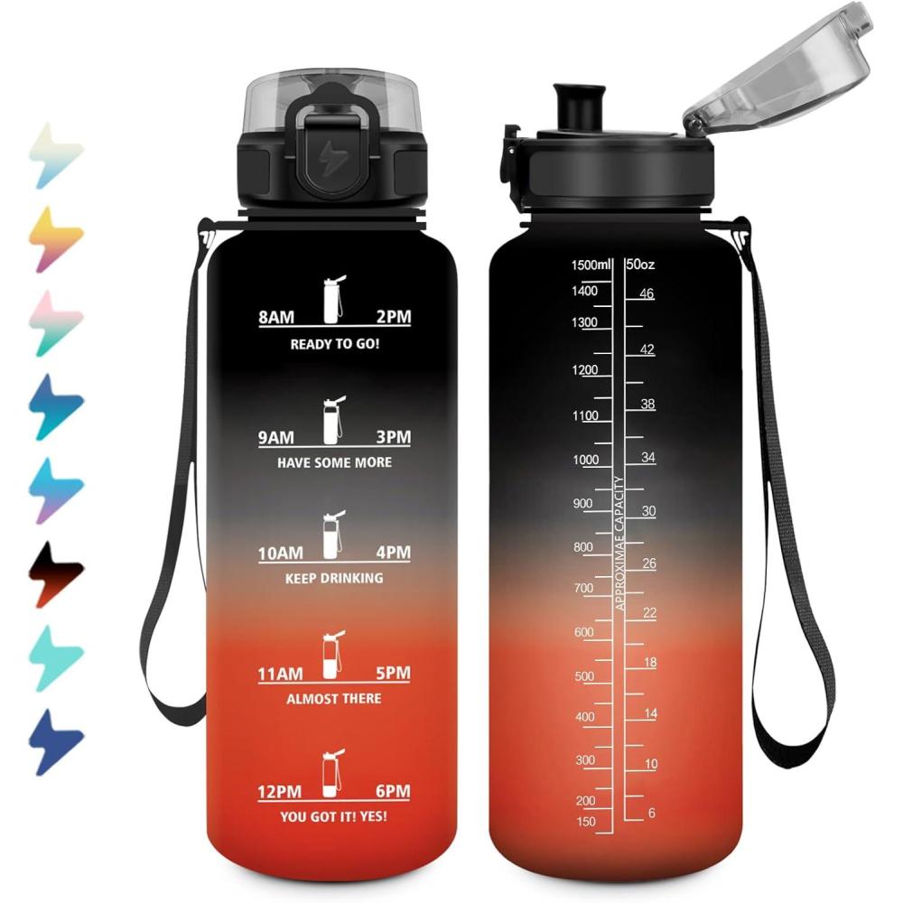 image:imageBouteille Sport 15L Bouteille deau Motivation avec Marqueur de Temps Gourde avec Filtre tanche Gourde Reutilisable pour Enfant Voyage Gym Court Course  Pied Picnic Randonne Bureau50oz1500ml  Noir  Rouge