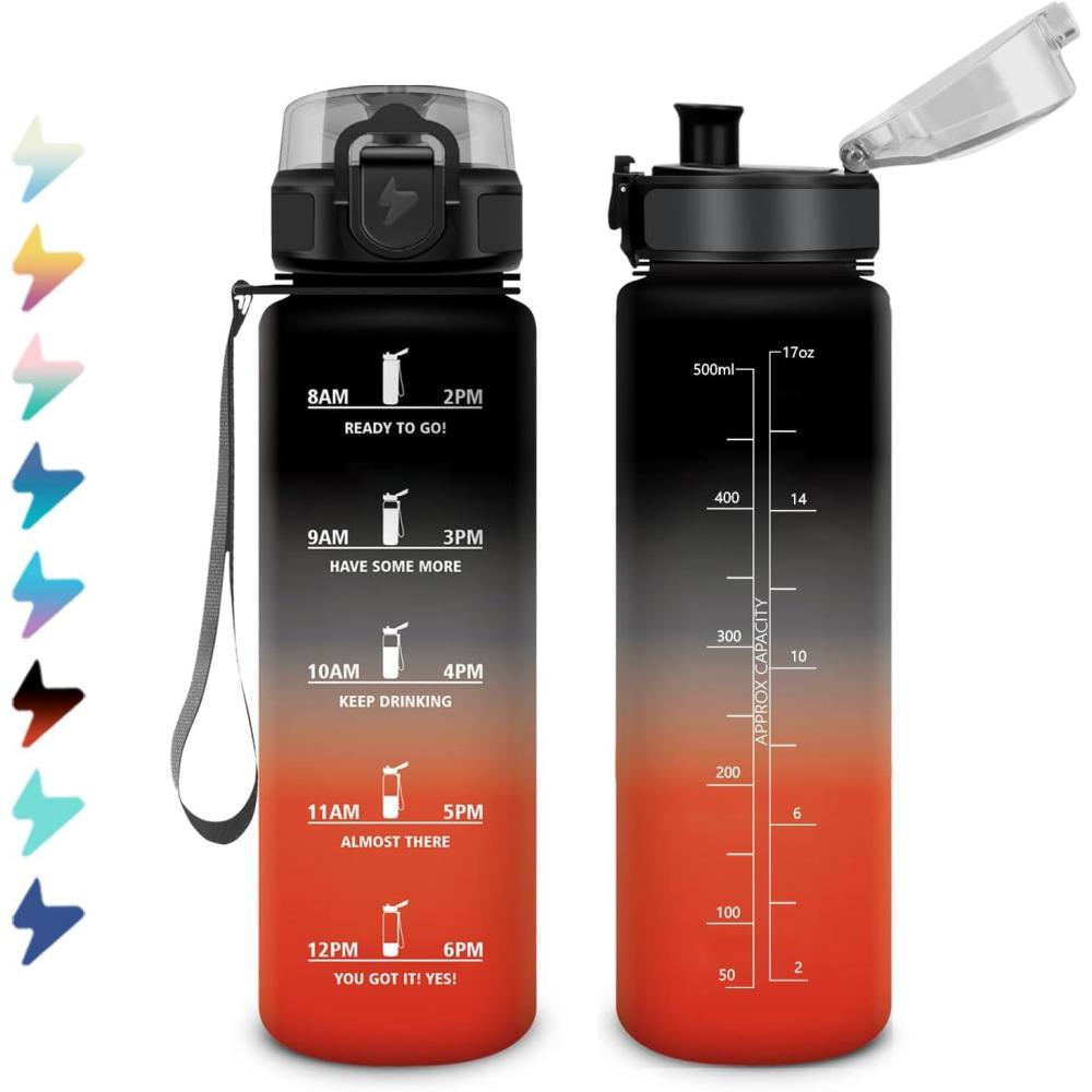 image:imageBouteille Sport 15L Bouteille deau Motivation avec Marqueur de Temps Gourde avec Filtre tanche Gourde Reutilisable pour Enfant Voyage Gym Court Course Pied Picnic Randonne Bureau17oz500ml Noir Rouge