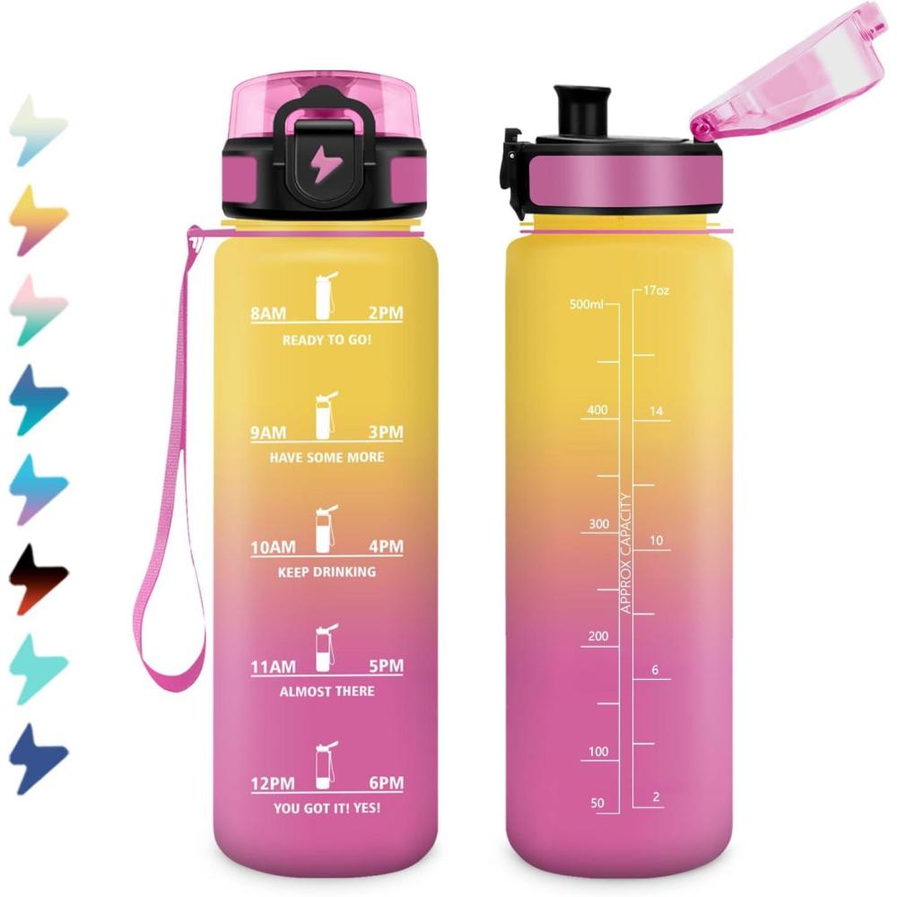 image:imageBouteille Sport 15L Bouteille deau Motivation avec Marqueur de Temps Gourde avec Filtre tanche Gourde Reutilisable pour Enfant Voyage Gym Court Course Pied Picnic Randonne Bureau17oz500ml Jaune Rose