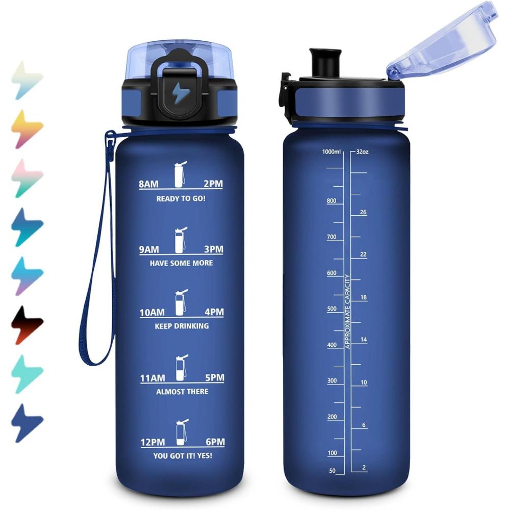 image:imageBouteille Sport 15L Bouteille deau Motivation avec Marqueur de Temps Gourde avec Filtre tanche Gourde Reutilisable pour Enfant Voyage Gym Court Course Pied Picnic Randonne Bureau32oz1000ml Mat Marine Bleu