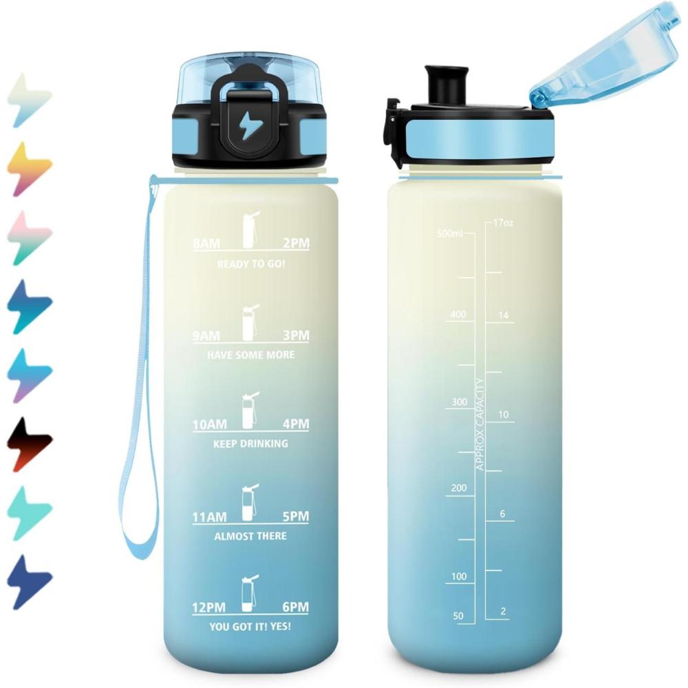 image:imageBouteille Sport 15L Bouteille deau Motivation avec Marqueur de Temps Gourde avec Filtre tanche Gourde Reutilisable pour Enfant Voyage Gym Court Course Pied Picnic Randonne Bureau17oz500ml Crme Bleu Clair