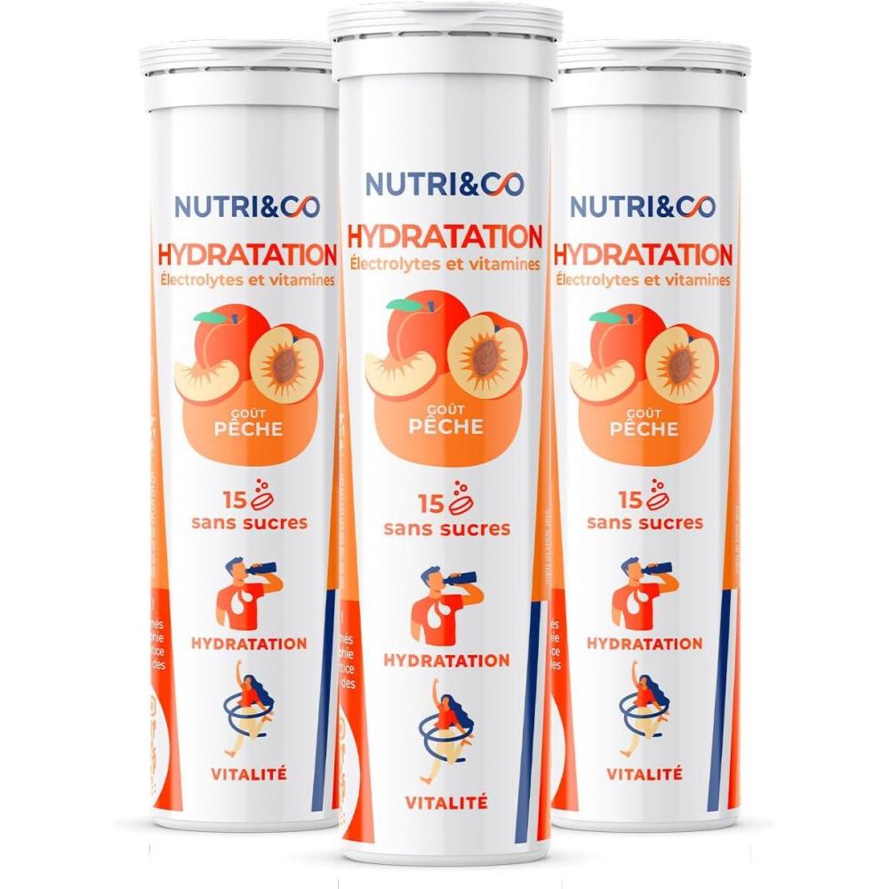 image:imageNUTRI amp CO lectrolytes Hydratation 5 Minraux 4 Vitamines Sans Sucre ni dulcorant Haute Absorption Triple Gots Lot de 3 tubes 45 comprims effervescents Vegan Fabriqu en FrancePche