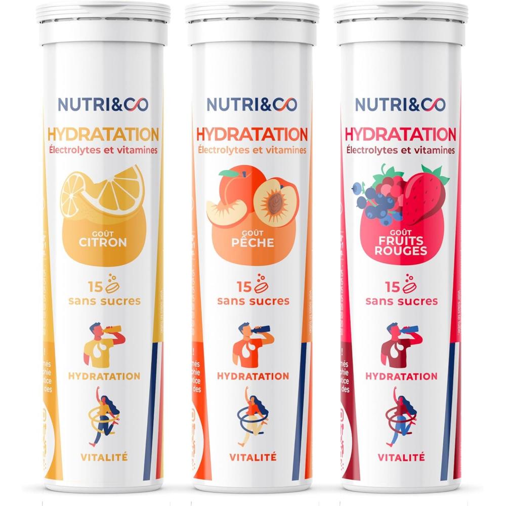 image:imageNUTRI amp CO lectrolytes Hydratation 5 Minraux 4 Vitamines Sans Sucre ni dulcorant Haute Absorption Triple Gots Lot de 3 tubes 45 comprims effervescents Vegan Fabriqu en FranceTriple Gots