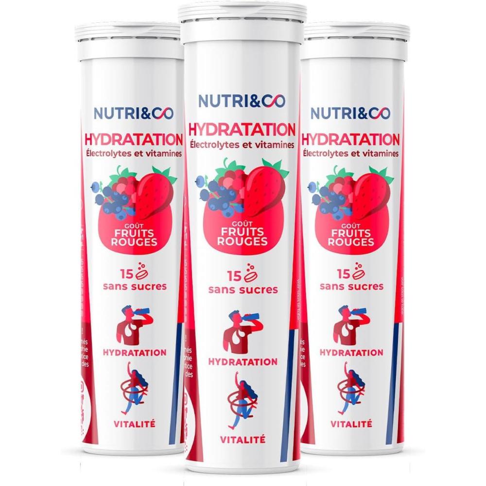 image:imageNUTRI amp CO lectrolytes Hydratation 5 Minraux 4 Vitamines Sans Sucre ni dulcorant Haute Absorption Triple Gots Lot de 3 tubes 45 comprims effervescents Vegan Fabriqu en FranceFruits Rouges