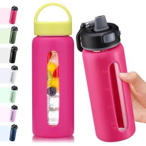 BLUEGO 600ml Bouteille d&rsquo;eau verre avec 2 couvercles-Couvercle à verrouillage par simple pression et poignée Gourde réutilisable avec marquage du temps Pour voyages Maison Sport Sans BPA, Noir(Rose Rouge)