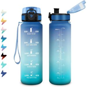 Bouteille Sport 1,5L, Bouteille d&rsquo;eau Motivation avec Marqueur de Temps, Gourde avec Filtre, Étanche, Gourde Reutilisable pour Enfant, Voyage, Gym Court, Course à Pied, Picnic, Randonnée, Bureau(17oz-500ml | Bleu + Vert)
