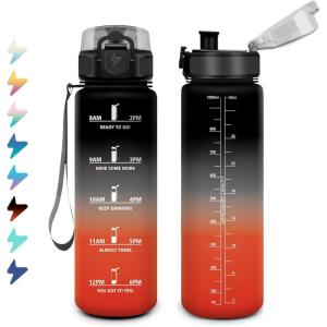 Bouteille Sport 1,5L, Bouteille d&rsquo;eau Motivation avec Marqueur de Temps, Gourde avec Filtre, Étanche, Gourde Reutilisable pour Enfant, Voyage, Gym Court, Course à Pied, Picnic, Randonnée, Bureau(32oz-1000ml | Noir + Rouge)
