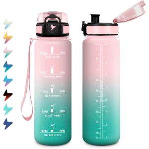 Bouteille Sport 1,5L, Bouteille d&rsquo;eau Motivation avec Marqueur de Temps, Gourde avec Filtre, Étanche, Gourde Reutilisable pour Enfant, Voyage, Gym Court, Course à Pied, Picnic, Randonnée, Bureau(32oz-1000ml | Rose + Cyan)
