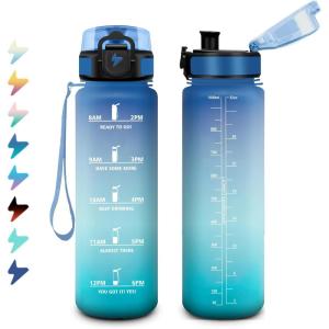 Bouteille Sport 1,5L, Bouteille d&rsquo;eau Motivation avec Marqueur de Temps, Gourde avec Filtre, Étanche, Gourde Reutilisable pour Enfant, Voyage, Gym Court, Course à Pied, Picnic, Randonnée, Bureau(32oz-1000ml | Bleu + Vert)
