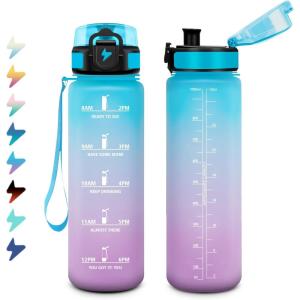 Bouteille Sport 1,5L, Bouteille d&rsquo;eau Motivation avec Marqueur de Temps, Gourde avec Filtre, Étanche, Gourde Reutilisable pour Enfant, Voyage, Gym Court, Course à Pied, Picnic, Randonnée, Bureau(32oz-1000ml | Bleu + Lilas)