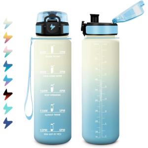 Bouteille Sport 1,5L, Bouteille d&rsquo;eau Motivation avec Marqueur de Temps, Gourde avec Filtre, Étanche, Gourde Reutilisable pour Enfant, Voyage, Gym Court, Course à Pied, Picnic, Randonnée, Bureau(32oz-1000ml | Crème + Bleu Clair)