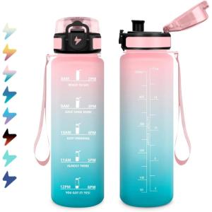 Bouteille Sport 1,5L, Bouteille d&rsquo;eau Motivation avec Marqueur de Temps, Gourde avec Filtre, Étanche, Gourde Reutilisable pour Enfant, Voyage, Gym Court, Course à Pied, Picnic, Randonnée, Bureau(17oz-500ml | Rose + Cyan)