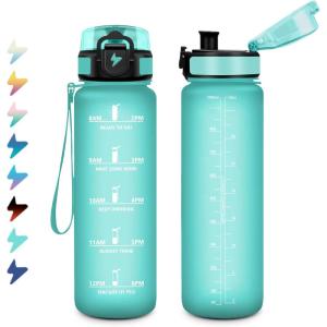 Bouteille Sport 1,5L, Bouteille d&rsquo;eau Motivation avec Marqueur de Temps, Gourde avec Filtre, Étanche, Gourde Reutilisable pour Enfant, Voyage, Gym Court, Course à Pied, Picnic, Randonnée, Bureau(32oz-1000ml | Mat Bleu-vert)