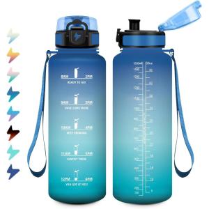 Bouteille Sport 1,5L, Bouteille d&rsquo;eau Motivation avec Marqueur de Temps, Gourde avec Filtre, Étanche, Gourde Reutilisable pour Enfant, Voyage, Gym Court, Course à Pied, Picnic, Randonnée, Bureau(50oz-1500ml | Bleu + Vert)
