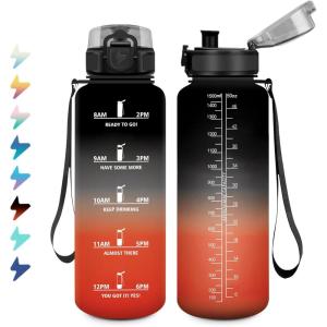 Bouteille Sport 1,5L, Bouteille d&rsquo;eau Motivation avec Marqueur de Temps, Gourde avec Filtre, Étanche, Gourde Reutilisable pour Enfant, Voyage, Gym Court, Course à Pied, Picnic, Randonnée, Bureau(50oz-1500ml | Noir + Rouge)