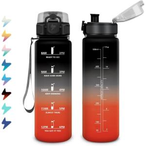 Bouteille Sport 1,5L, Bouteille d&rsquo;eau Motivation avec Marqueur de Temps, Gourde avec Filtre, Étanche, Gourde Reutilisable pour Enfant, Voyage, Gym Court, Course à Pied, Picnic, Randonnée, Bureau(17oz-500ml | Noir + Rouge)