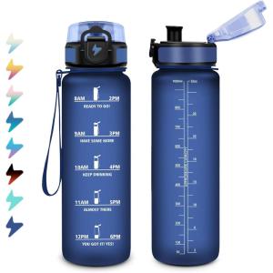 Bouteille Sport 1,5L, Bouteille d&rsquo;eau Motivation avec Marqueur de Temps, Gourde avec Filtre, Étanche, Gourde Reutilisable pour Enfant, Voyage, Gym Court, Course à Pied, Picnic, Randonnée, Bureau(32oz-1000ml | Mat Marine Bleu)