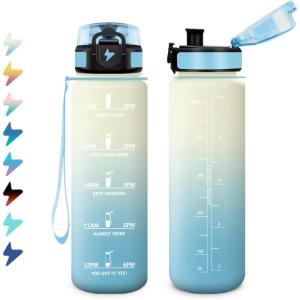 Bouteille Sport 1,5L, Bouteille d&rsquo;eau Motivation avec Marqueur de Temps, Gourde avec Filtre, Étanche, Gourde Reutilisable pour Enfant, Voyage, Gym Court, Course à Pied, Picnic, Randonnée, Bureau(17oz-500ml | Crème + Bleu Clair)