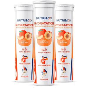 NUTRI & CO Électrolytes Hydratation – 5 Minéraux 4 Vitamines – Sans Sucre ni Édulcorant – Haute Absorption – Triple Goûts – Lot de 3 tubes – 45 comprimés effervescents Vegan Fabriqué en France(Pêche)