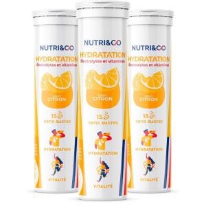 NUTRI & CO Électrolytes Hydratation – 5 Minéraux 4 Vitamines – Sans Sucre ni Édulcorant – Haute Absorption – Triple Goûts – Lot de 3 tubes – 45 comprimés effervescents Vegan Fabriqué en France(Citron)