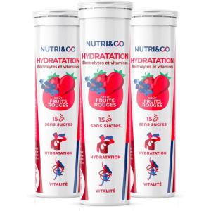 NUTRI & CO Électrolytes Hydratation – 5 Minéraux 4 Vitamines – Sans Sucre ni Édulcorant – Haute Absorption – Triple Goûts – Lot de 3 tubes – 45 comprimés effervescents Vegan Fabriqué en France(Fruits Rouges)