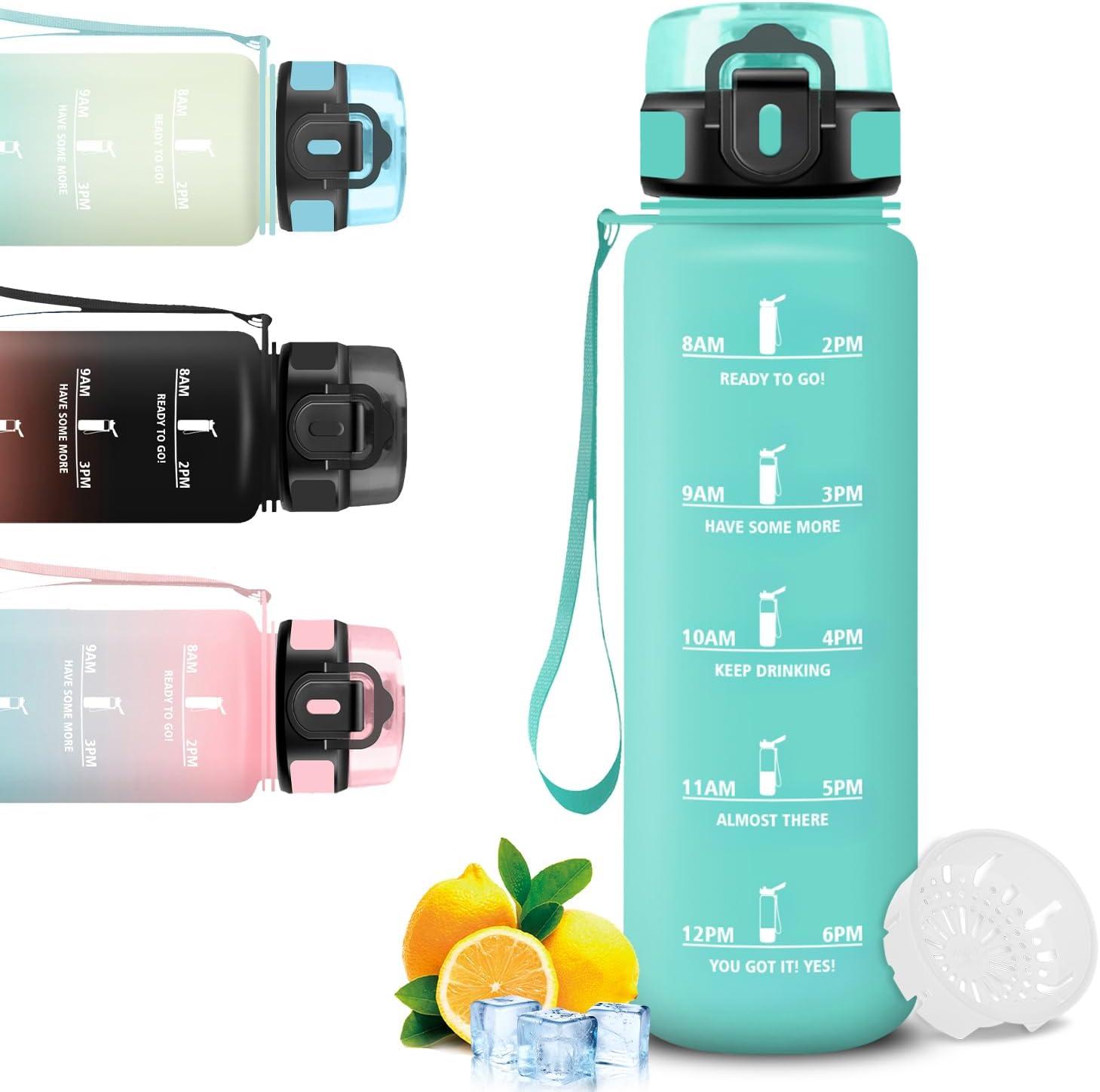 image:imageGourde 1l Gourde Sport Bouteille Gradue pour 1 Journee Avec Slogan de Motivation Bouteille Plastique avec Marqueur de Temps Avec Verrouillage de Scurit pour Running Bureau coleMbleuvert