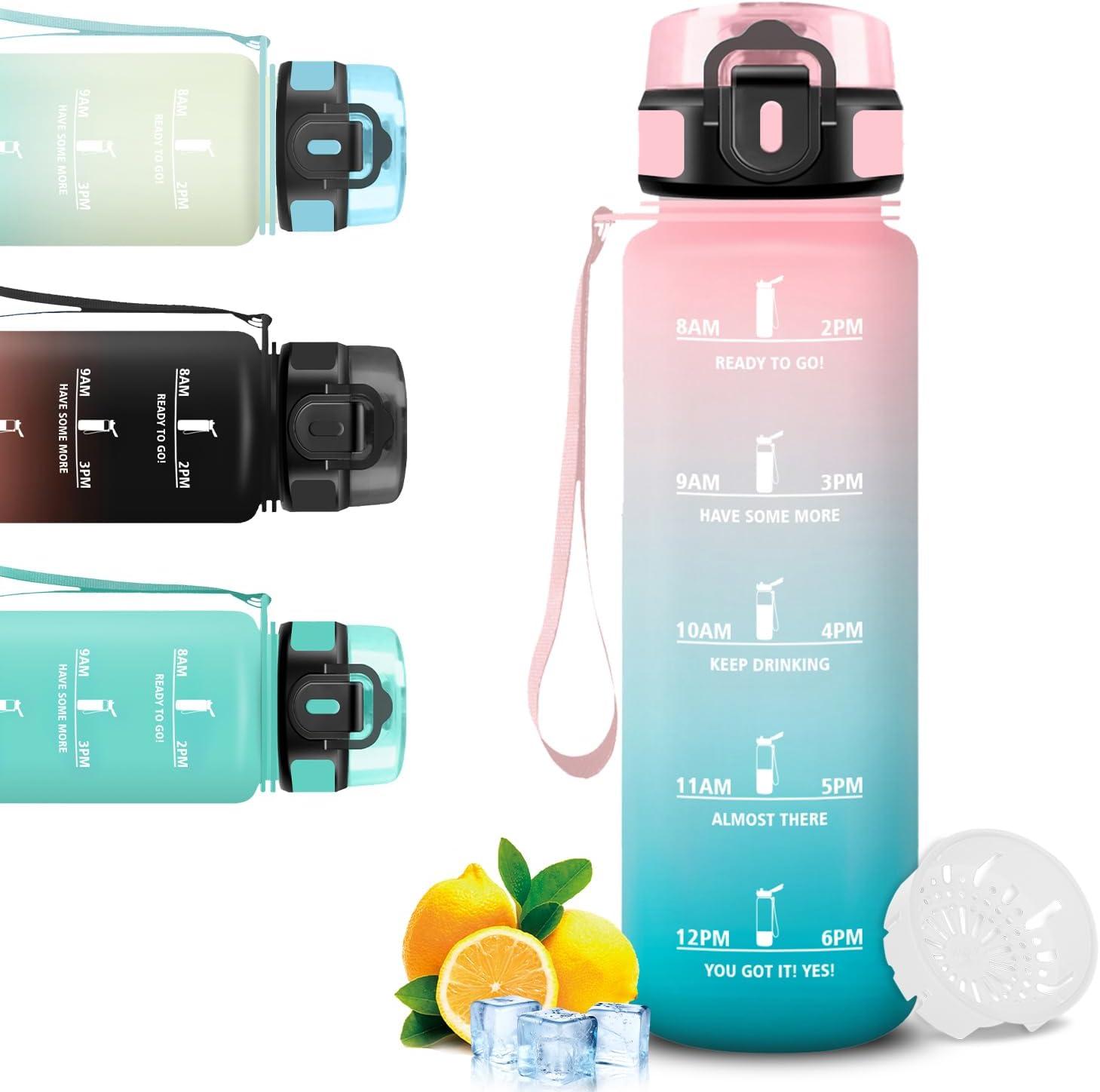 image:imageGourde 1l Gourde Sport Bouteille Gradue pour 1 Journee Avec Slogan de Motivation Bouteille Plastique avec Marqueur de Temps Avec Verrouillage de Scurit pour Running Bureau coleRosecyan