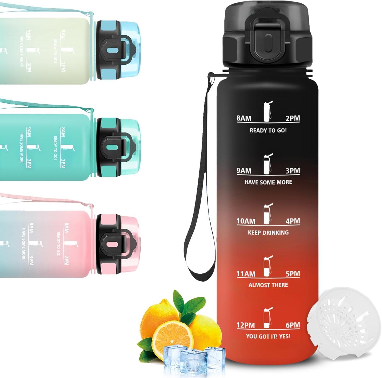 image:imageGourde 1l Gourde Sport Bouteille Gradue pour 1 Journee Avec Slogan de Motivation Bouteille Plastique avec Marqueur de Temps Avec Verrouillage de Scurit pour Running Bureau coleNoirrouge