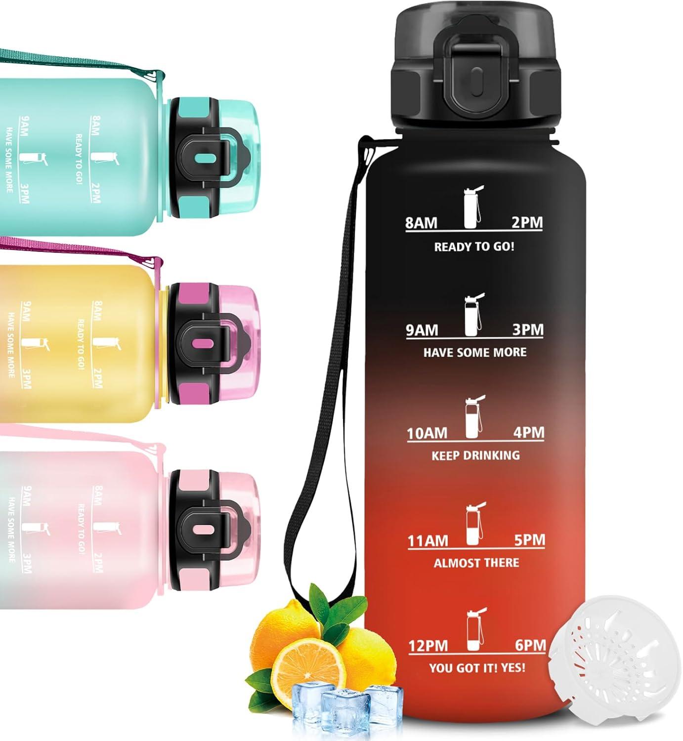 image:imageGourde 1l Gourde Sport Bouteille Gradue pour 1 Journee Avec Slogan de Motivation Bouteille Plastique avec Marqueur de Temps Avec Verrouillage de Scurit pour Running Bureau coleNoirrouge