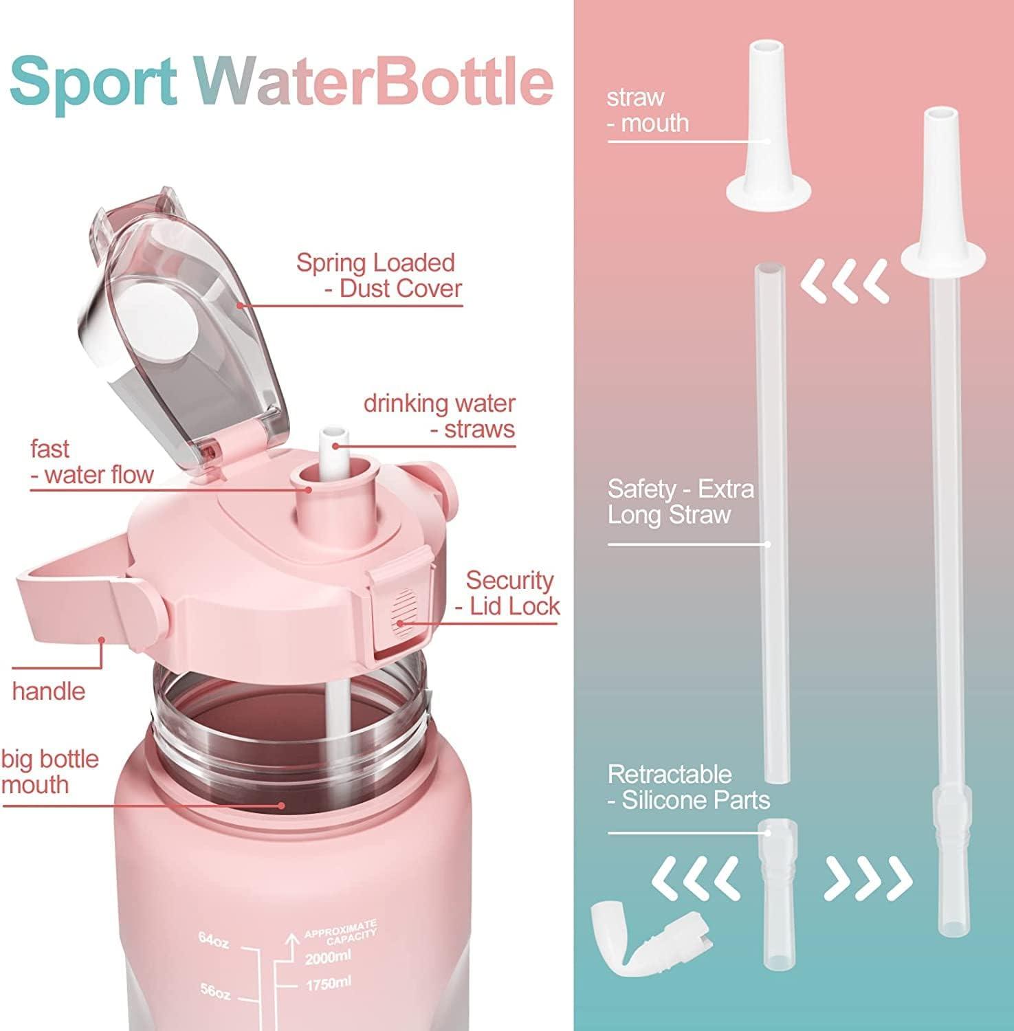 image:imageUootach Bouteille deau Gourde Sport 2 Litre Marqueur de temps inspir gourde avec paille sans BPA tanche lger et rutilisable Convient pour sport fitness plein air randonnerose