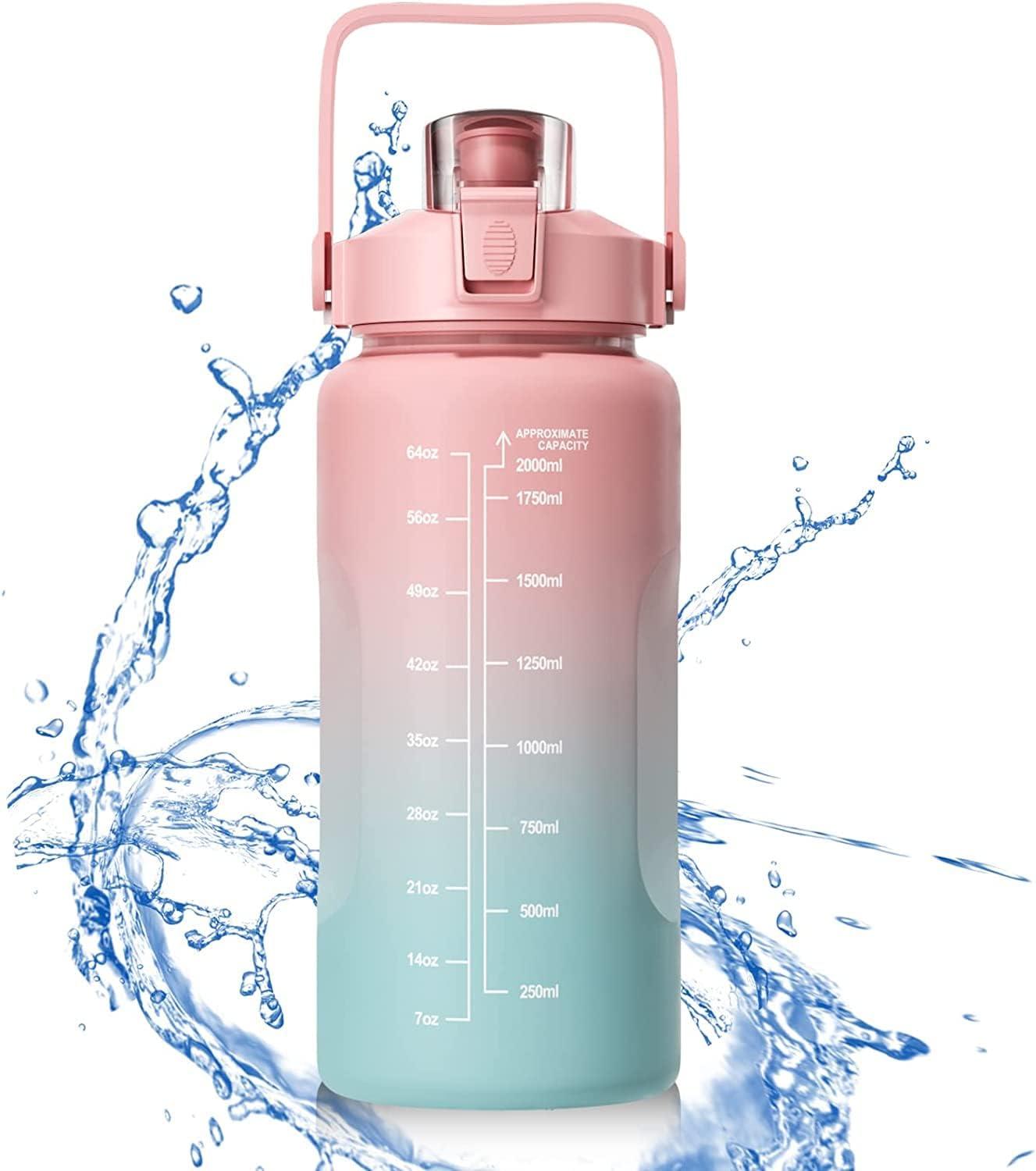 image:imageUootach Bouteille deau Gourde Sport 2 Litre Marqueur de temps inspir gourde avec paille sans BPA tanche lger et rutilisable Convient pour sport fitness plein air randonnerose