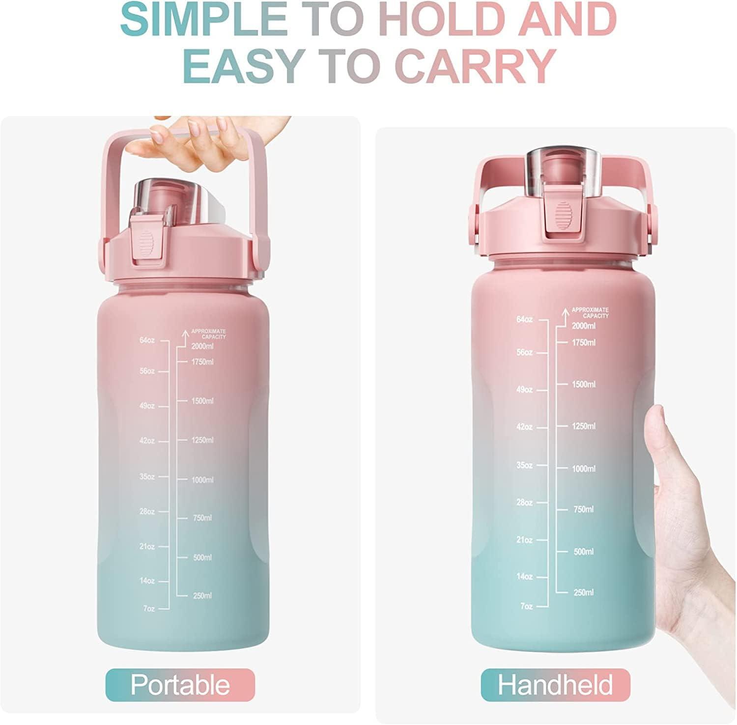 image:imageUootach Bouteille deau Gourde Sport 2 Litre Marqueur de temps inspir gourde avec paille sans BPA tanche lger et rutilisable Convient pour sport fitness plein air randonnerose