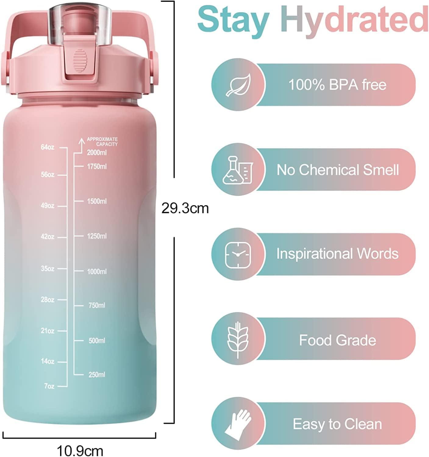 image:imageUootach Bouteille deau Gourde Sport 2 Litre Marqueur de temps inspir gourde avec paille sans BPA tanche lger et rutilisable Convient pour sport fitness plein air randonnerose